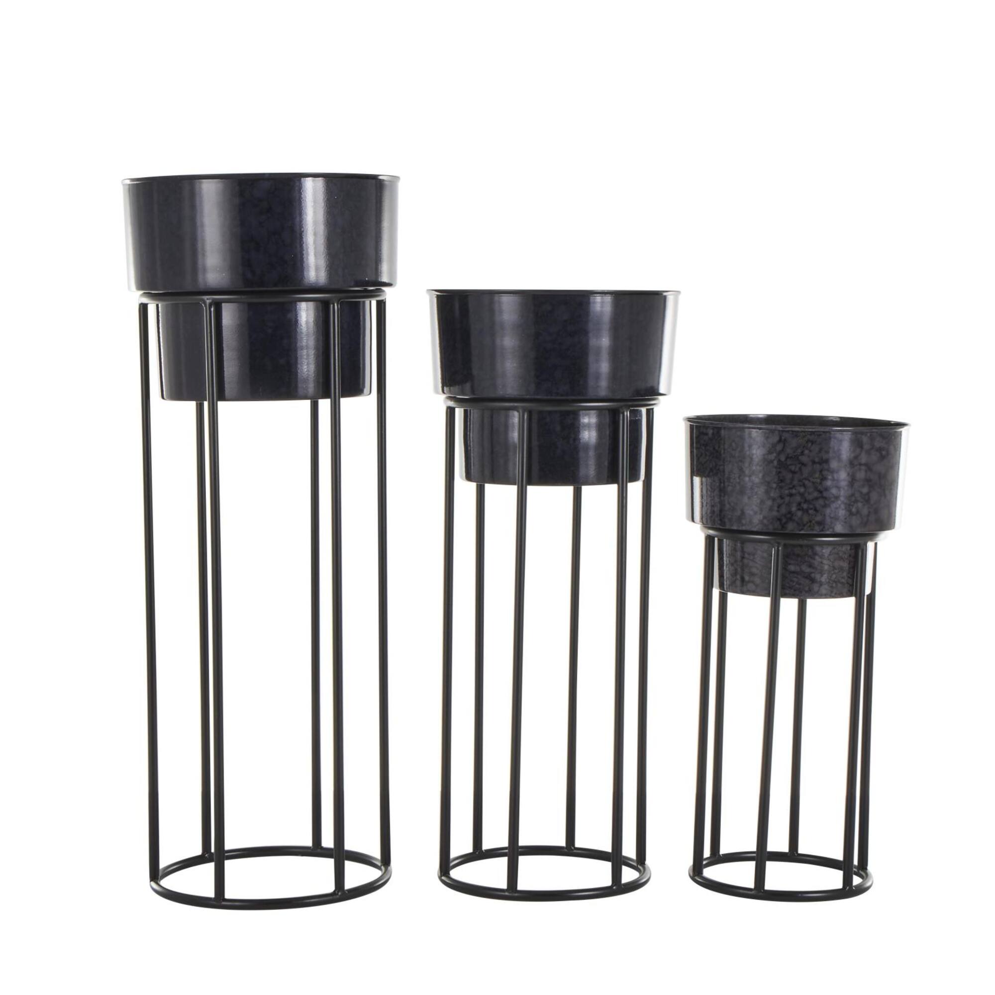 Black Metal Wash Textured Planter with Open Framed Black Caged Base Set